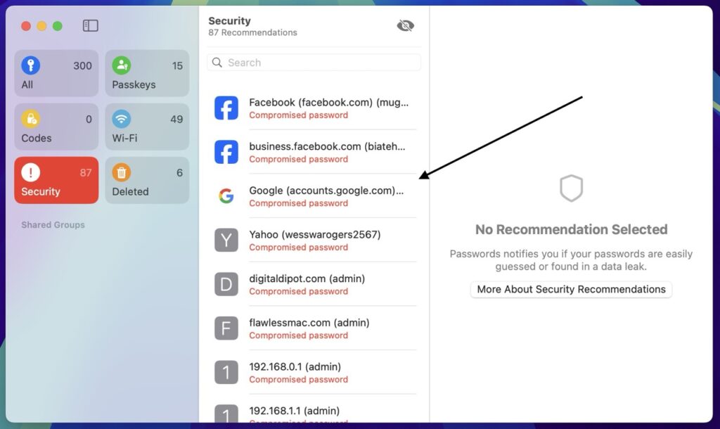 Apple Passwords also generates security recommendations